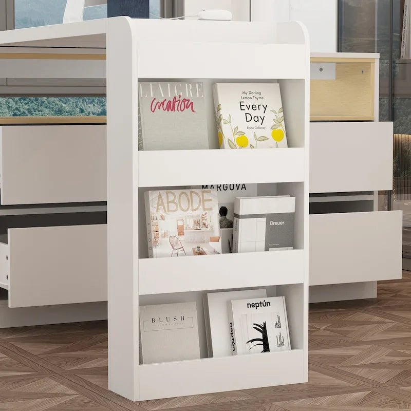 White / Black 4-Drawer Desk Dresser with Movable L-Shape Tabletop, 1-Person