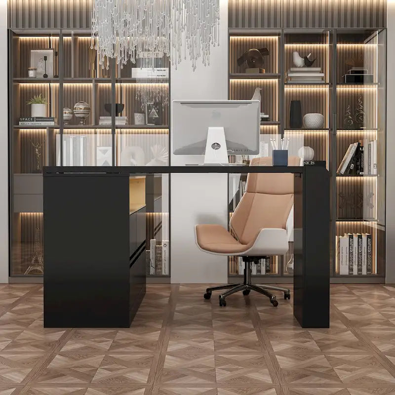 White / Black 4-Drawer Desk Dresser with Movable L-Shape Tabletop, 1-Person