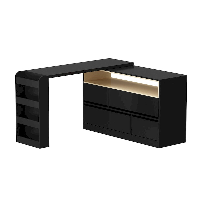 White / Black 4-Drawer Desk Dresser with Movable L-Shape Tabletop, 1-Person