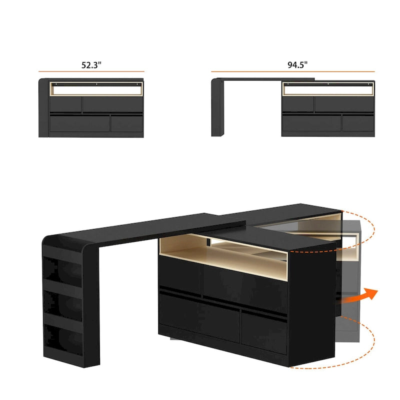 White / Black 4-Drawer Desk Dresser with Movable L-Shape Tabletop, 1-Person