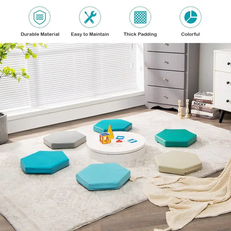 6 cojines hexagonales multifuncionales para suelo de niños pequeños con asas, asientos para aulas
