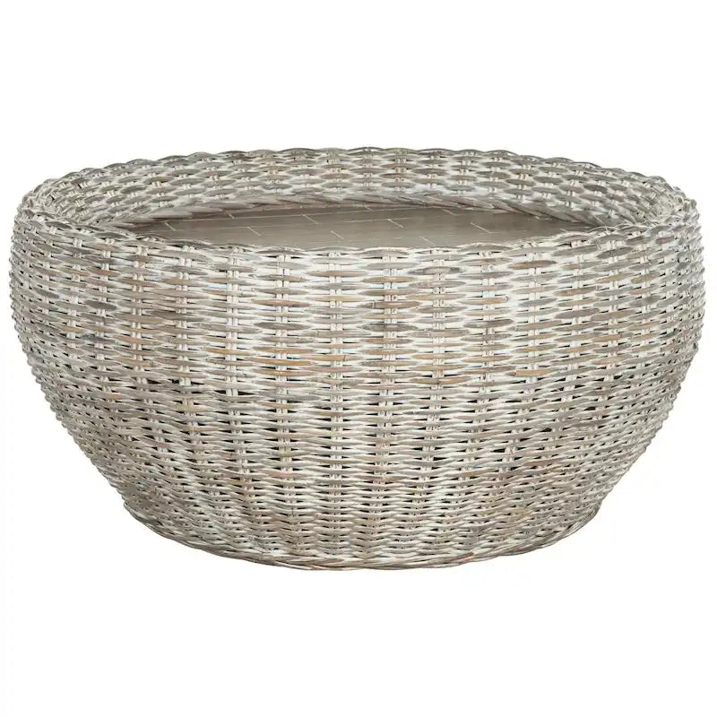 Grey / Brown Wicker & Wood Round Coffee Table – 35.4"W × 35.4"D × 15.7"H