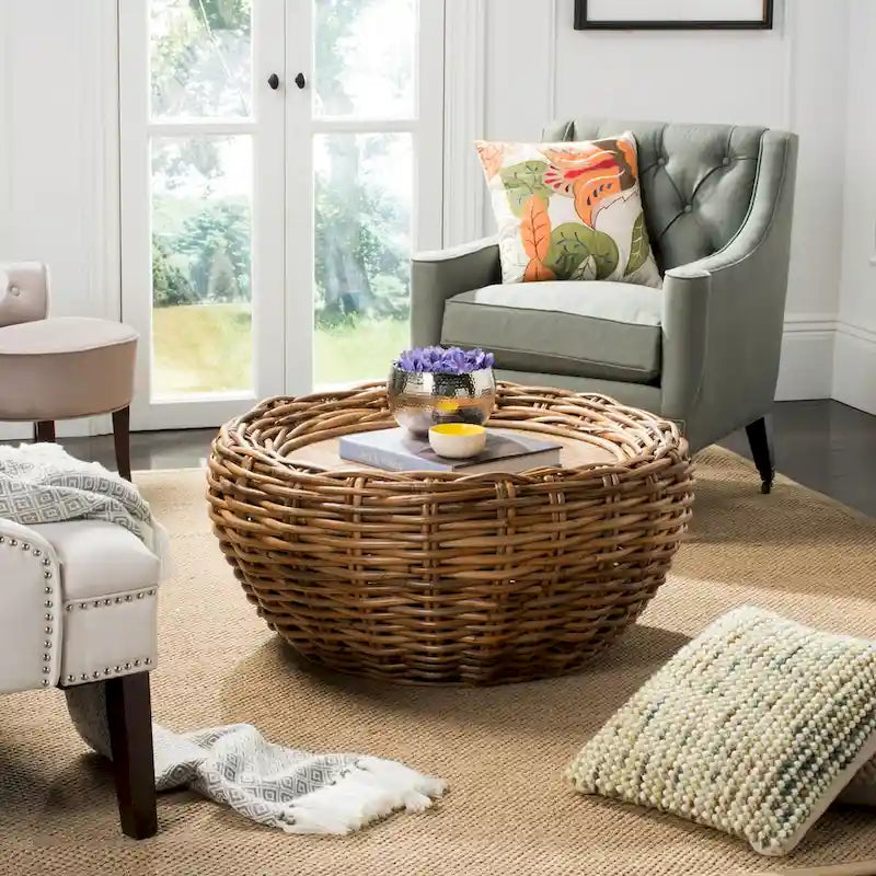 Grey / Brown Wicker & Wood Round Coffee Table – 35.4"W × 35.4"D × 15.7"H