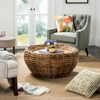 Grey / Brown Wicker & Wood Round Coffee Table – 35.4"W × 35.4"D × 15.7"H