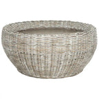 Grey / Brown Wicker & Wood Round Coffee Table – 35.4"W × 35.4"D × 15.7"H