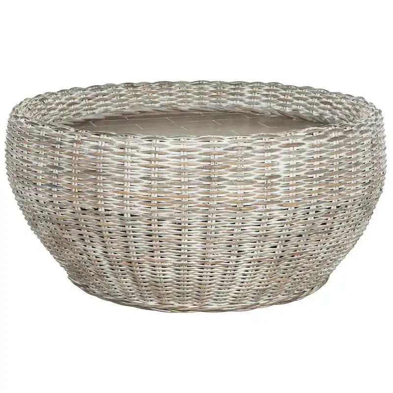 Grey / Brown Wicker & Wood Round Coffee Table – 35.4"W × 35.4"D × 15.7"H