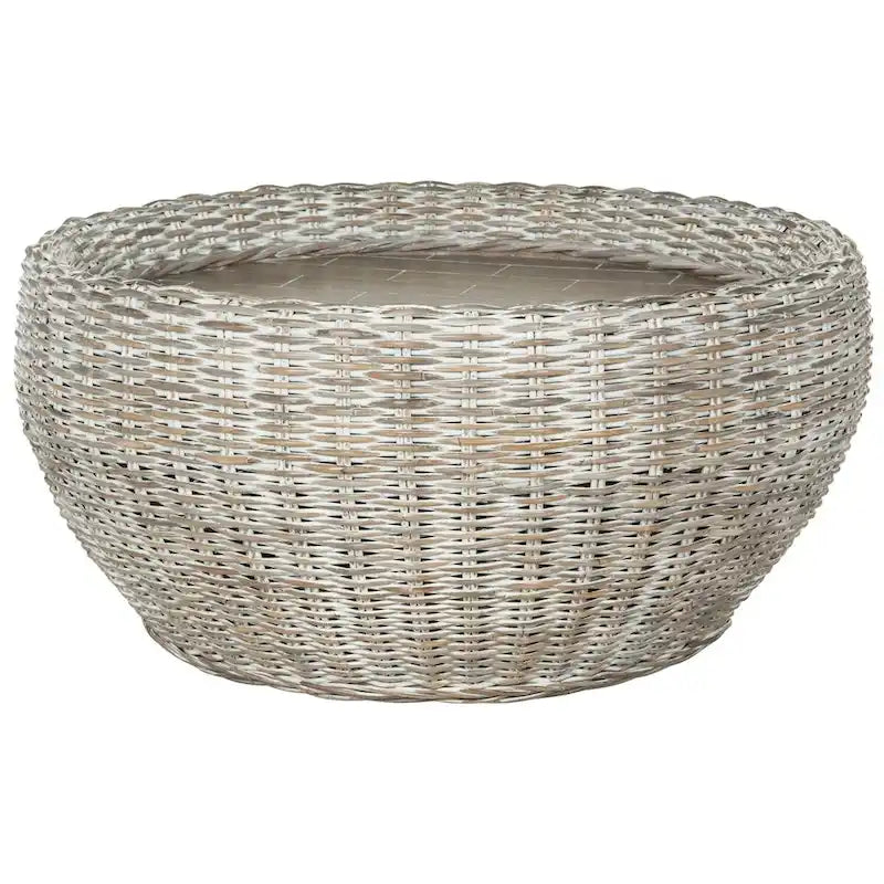 Grey / Brown Wicker & Wood Round Coffee Table – 35.4"W × 35.4"D × 15.7"H