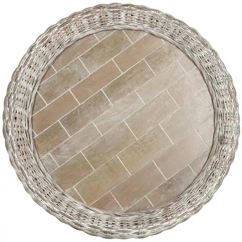 Grey / Brown Wicker & Wood Round Coffee Table – 35.4"W × 35.4"D × 15.7"H