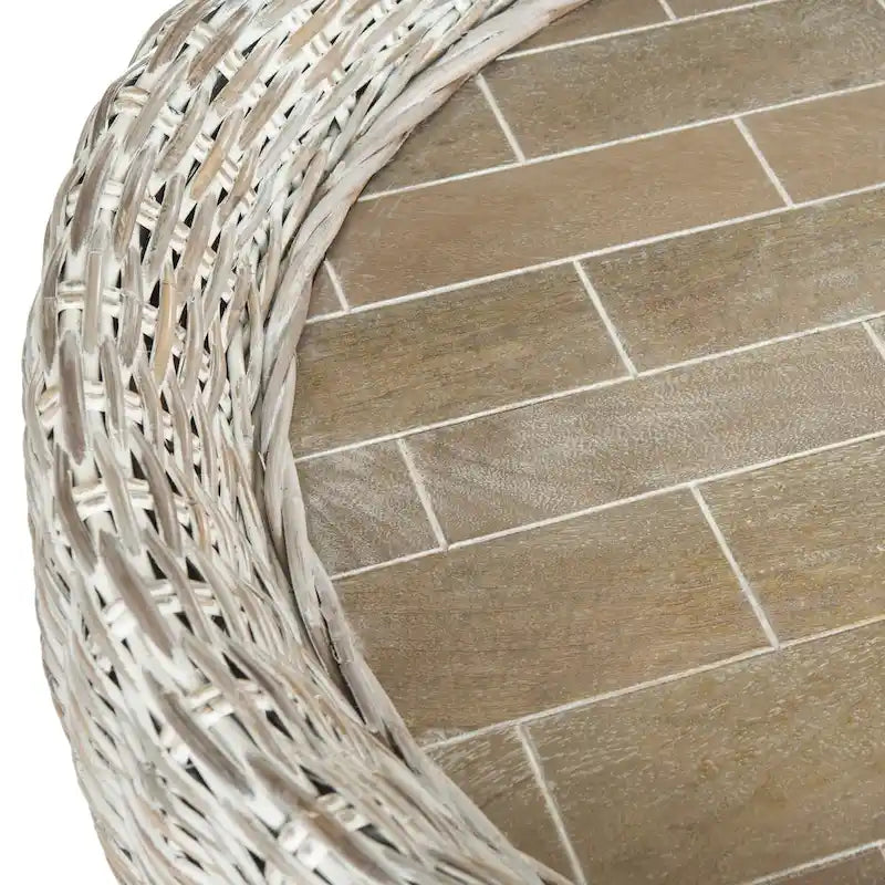Grey / Brown Wicker & Wood Round Coffee Table – 35.4"W × 35.4"D × 15.7"H