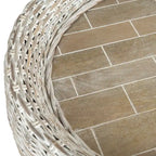 Grey / Brown Wicker & Wood Round Coffee Table – 35.4"W × 35.4"D × 15.7"H