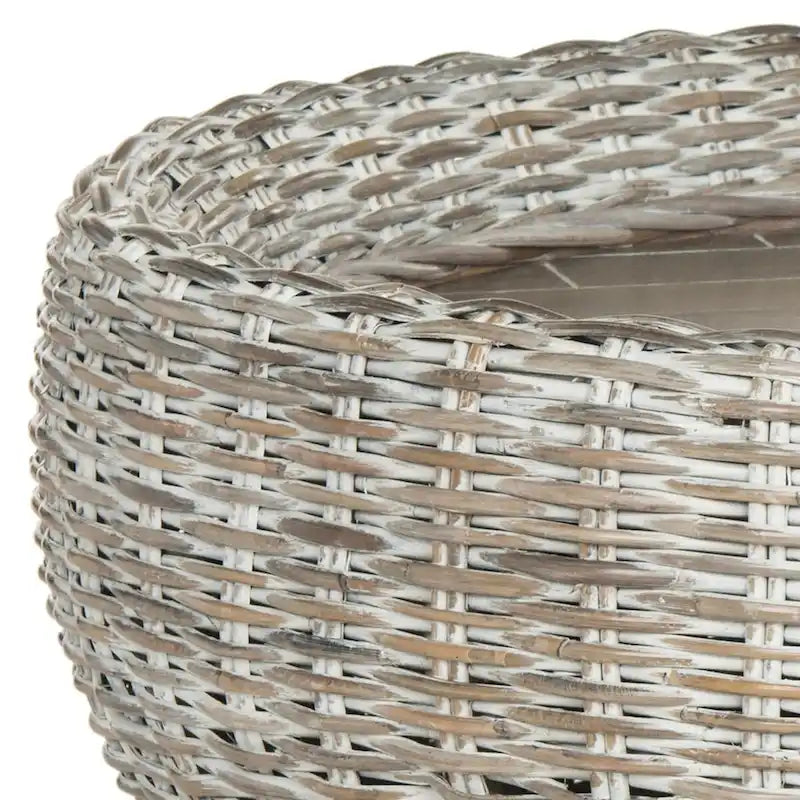 Grey / Brown Wicker & Wood Round Coffee Table – 35.4"W × 35.4"D × 15.7"H