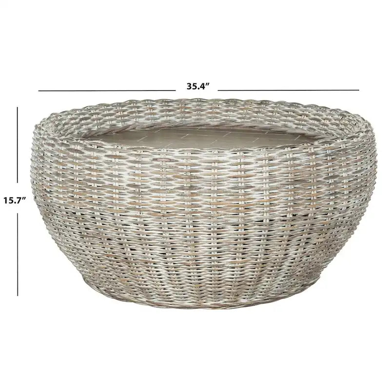 Grey / Brown Wicker & Wood Round Coffee Table – 35.4"W × 35.4"D × 15.7"H