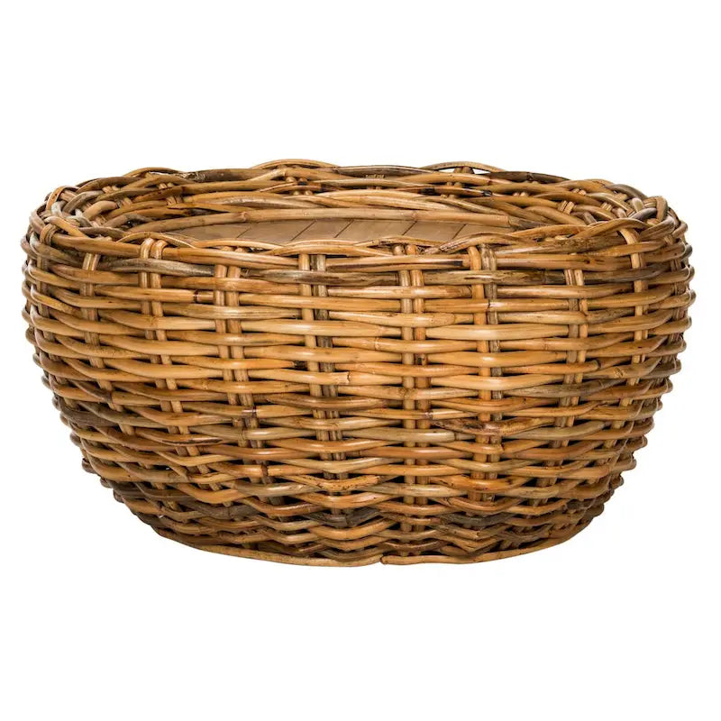 Grey / Brown Wicker & Wood Round Coffee Table – 35.4"W × 35.4"D × 15.7"H