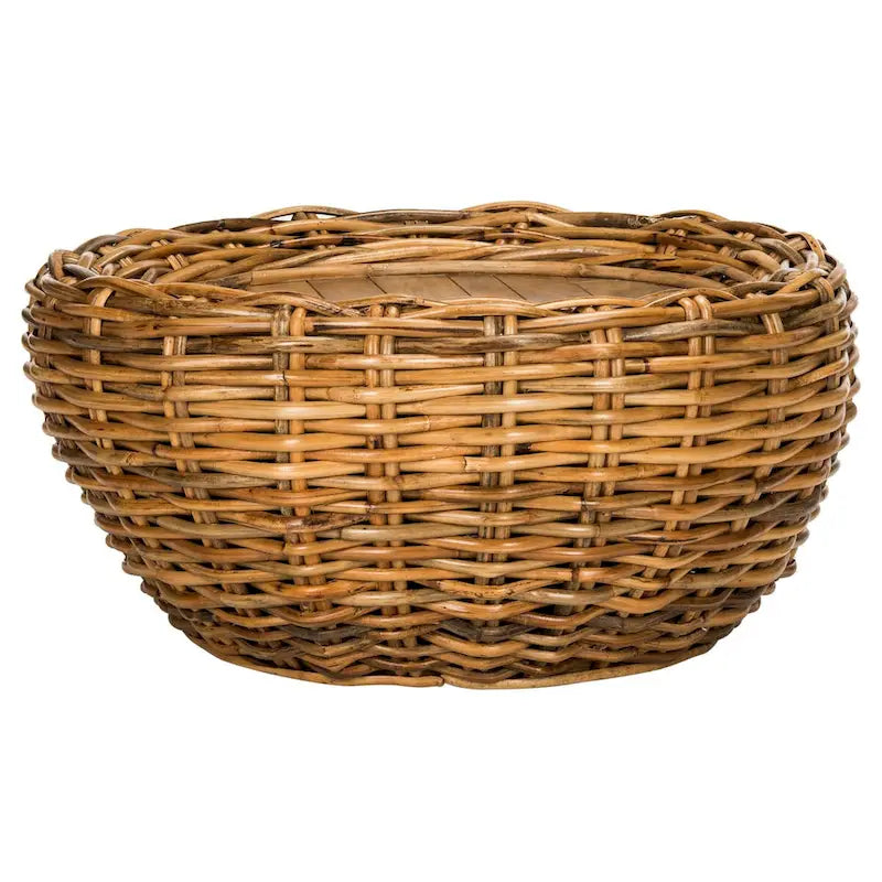 Grey / Brown Wicker & Wood Round Coffee Table – 35.4"W × 35.4"D × 15.7"H