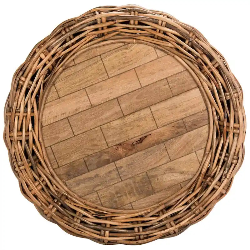Grey / Brown Wicker & Wood Round Coffee Table – 35.4"W × 35.4"D × 15.7"H
