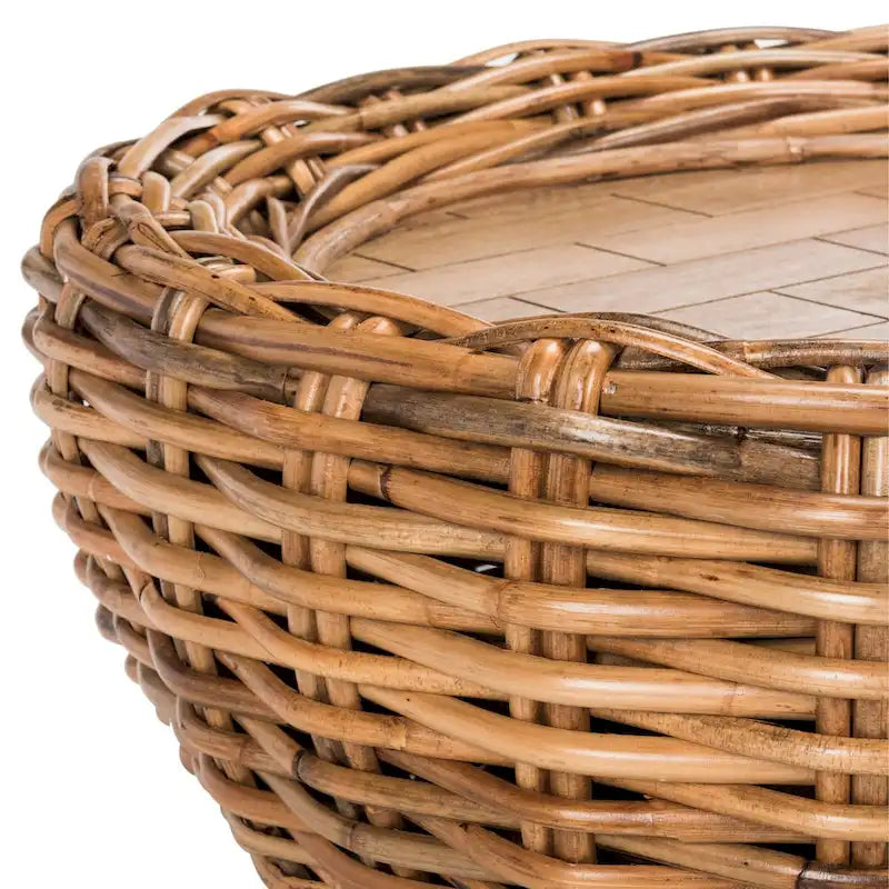 Grey / Brown Wicker & Wood Round Coffee Table – 35.4"W × 35.4"D × 15.7"H