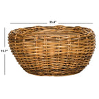 Grey / Brown Wicker & Wood Round Coffee Table – 35.4"W × 35.4"D × 15.7"H