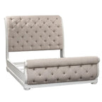 Antique White & Weathered Bark Upholstered Sleigh Bed, Dresser & Mirror Set – 2-Person
