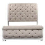 Antique White & Weathered Bark Upholstered Sleigh Bed, Dresser & Mirror Set – 2-Person