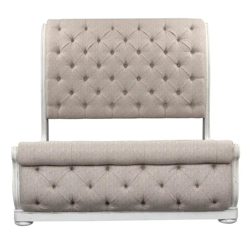Antique White & Weathered Bark Upholstered Sleigh Bed, Dresser & Mirror Set – 2-Person