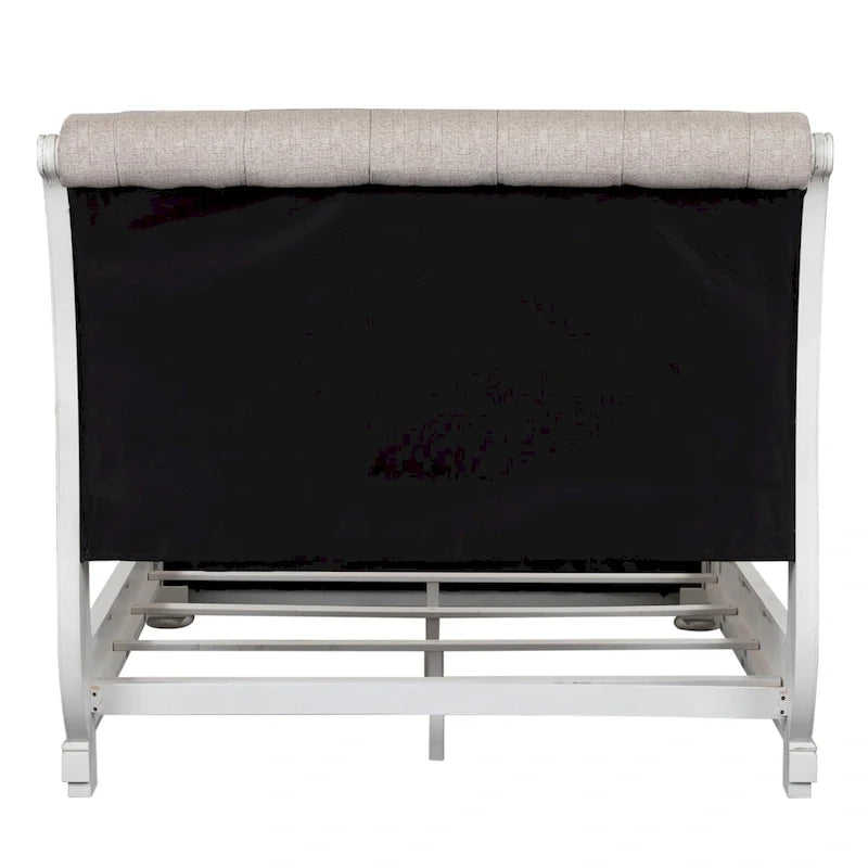 Antique White & Weathered Bark Upholstered Sleigh Bed, Dresser & Mirror Set – 2-Person