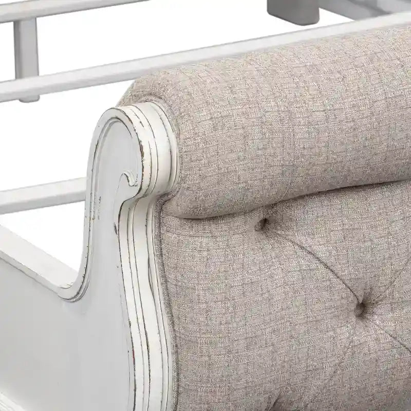 Antique White & Weathered Bark Upholstered Sleigh Bed, Dresser & Mirror Set – 2-Person