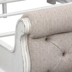 Antique White & Weathered Bark Upholstered Sleigh Bed, Dresser & Mirror Set – 2-Person