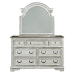 Antique White & Weathered Bark Upholstered Sleigh Bed, Dresser & Mirror Set – 2-Person