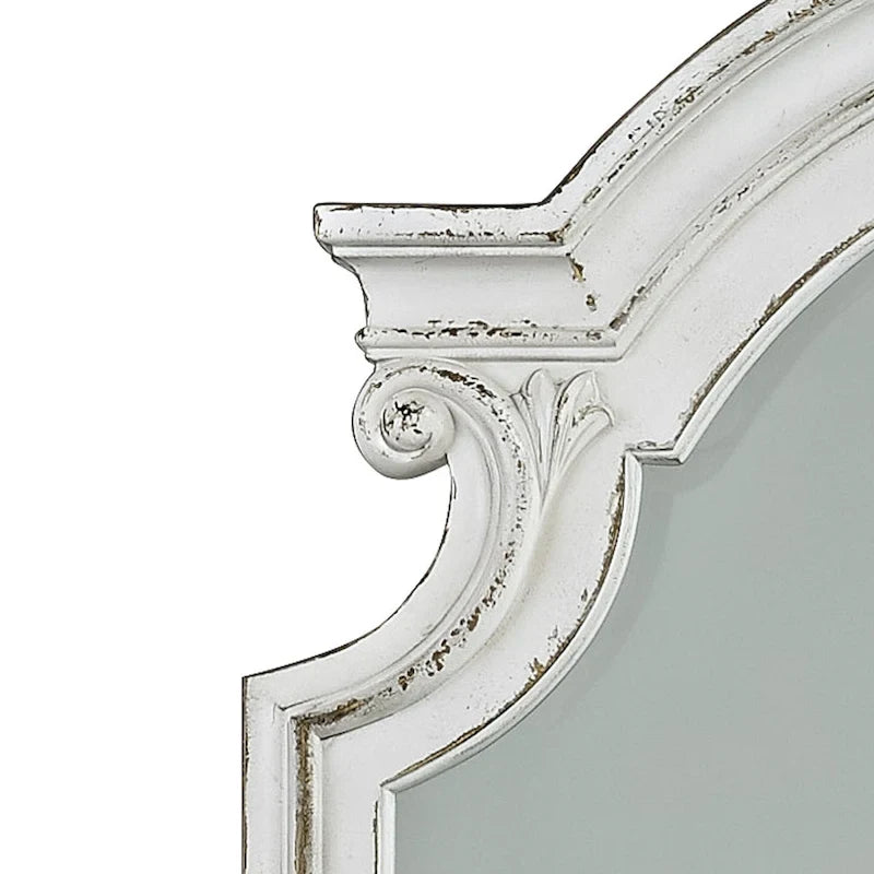 Antique White & Weathered Bark Upholstered Sleigh Bed, Dresser & Mirror Set – 2-Person
