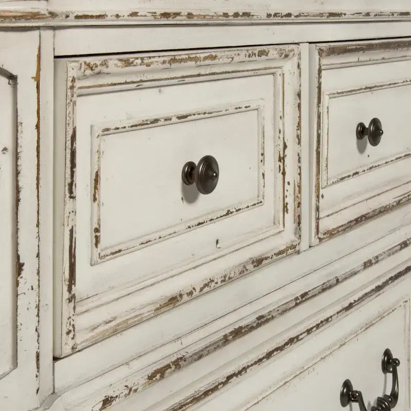 Antique White & Weathered Bark Upholstered Sleigh Bed, Dresser & Mirror Set – 2-Person