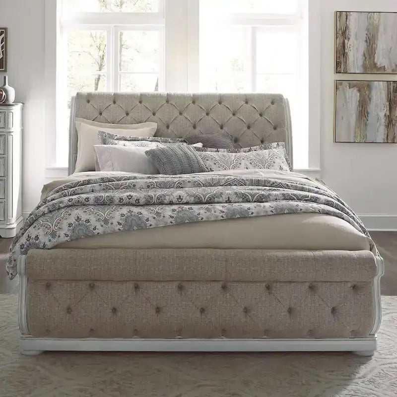 Antique White & Weathered Bark Upholstered Sleigh Bed, Dresser & Mirror Set – 2-Person