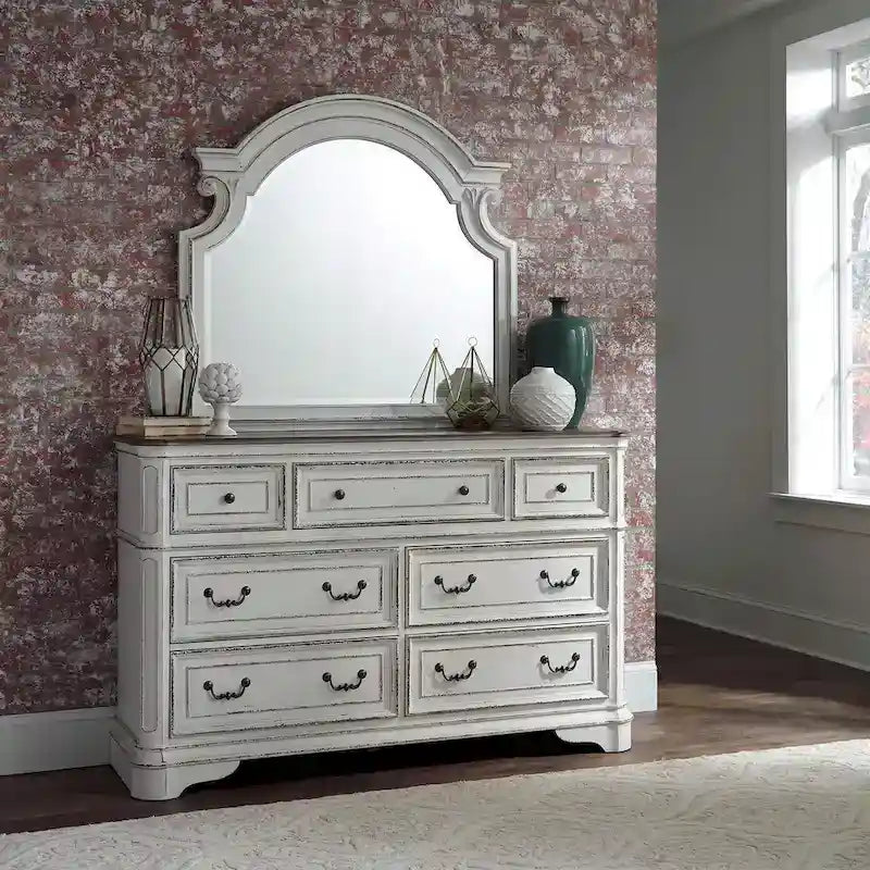 Antique White & Weathered Bark Upholstered Sleigh Bed, Dresser & Mirror Set – 2-Person