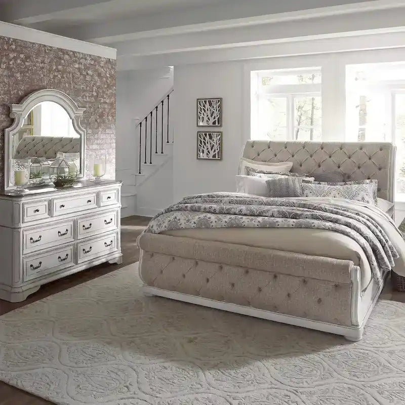 Antique White & Weathered Bark Upholstered Sleigh Bed, Dresser & Mirror Set – 2-Person