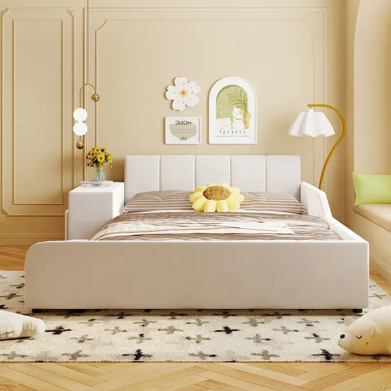 Velvet Platform Bed with Desk & Stool, 2-Person