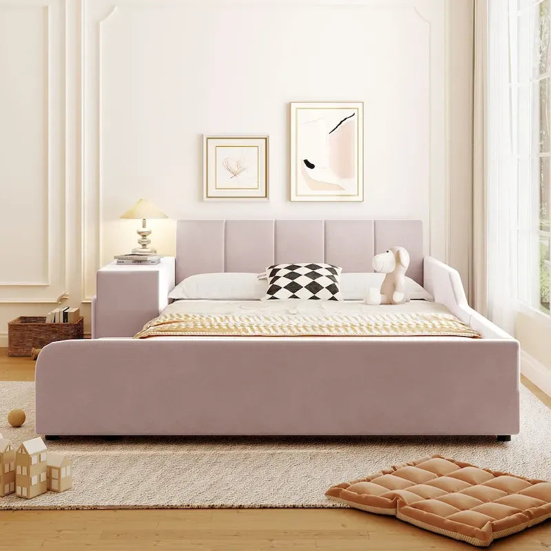 Cama de plataforma de terciopelo con escritorio y taburete, 2 personas