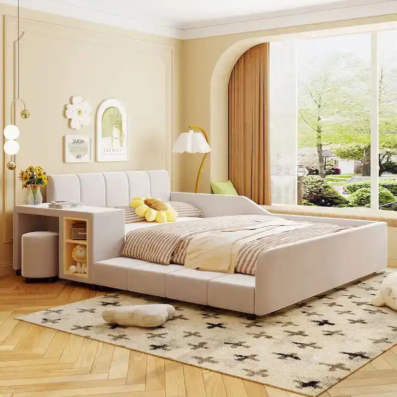 Velvet Platform Bed with Desk & Stool, 2-Person