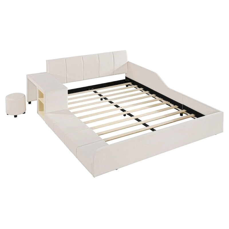 Velvet Platform Bed with Desk & Stool, 2-Person