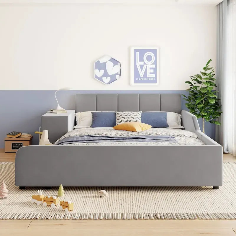 Velvet Platform Bed with Desk & Stool, 2-Person