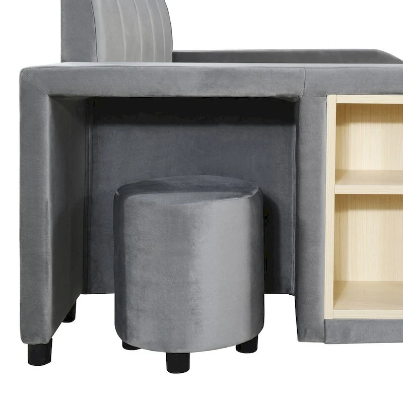 Velvet Platform Bed with Desk & Stool, 2-Person