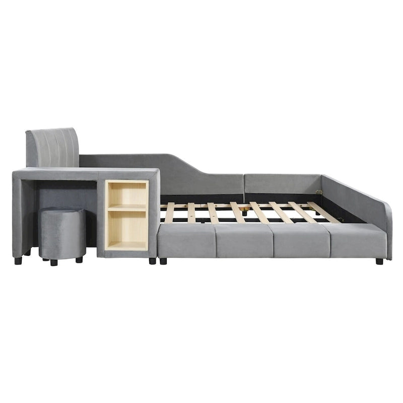 Velvet Platform Bed with Desk & Stool, 2-Person