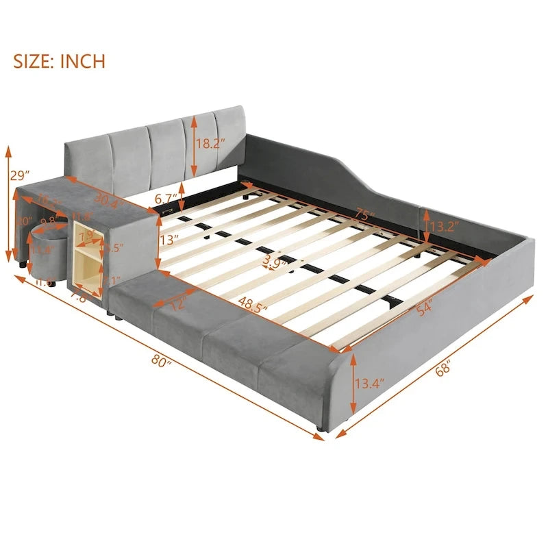 Velvet Platform Bed with Desk & Stool, 2-Person