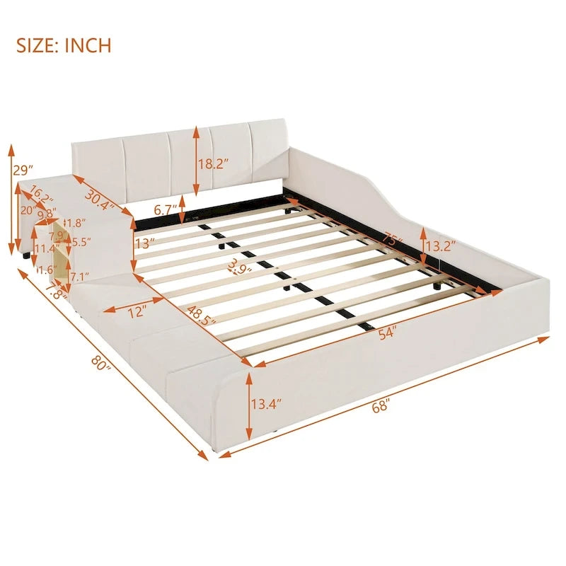 Velvet Platform Bed with Desk & Stool, 2-Person