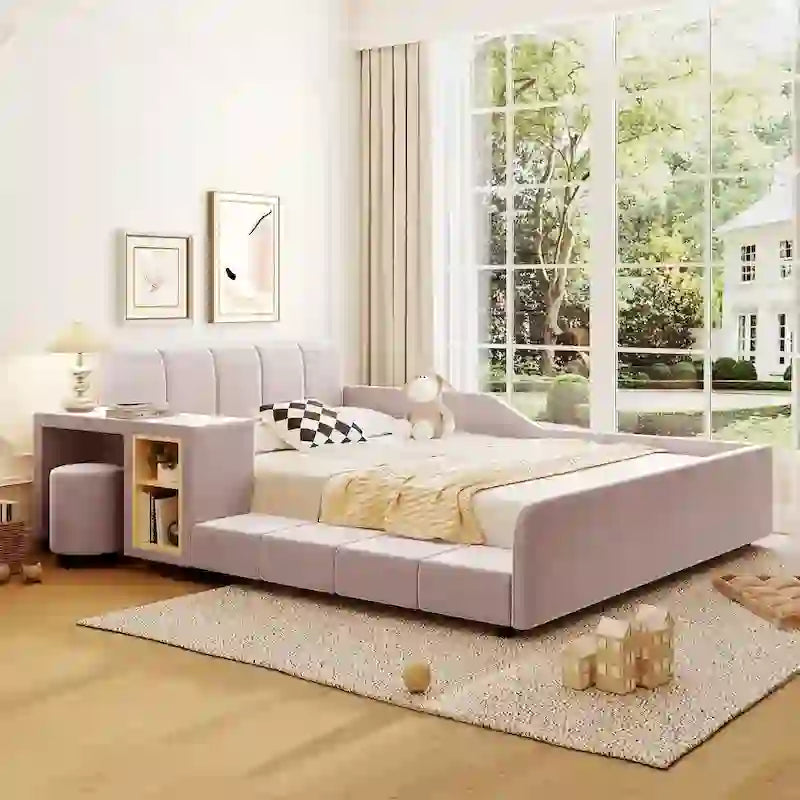 Velvet Platform Bed with Desk & Stool, 2-Person