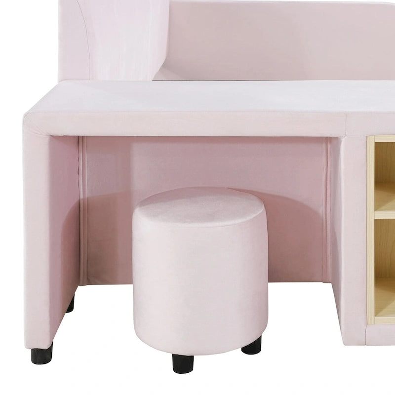 Velvet Platform Bed with Desk & Stool, 2-Person