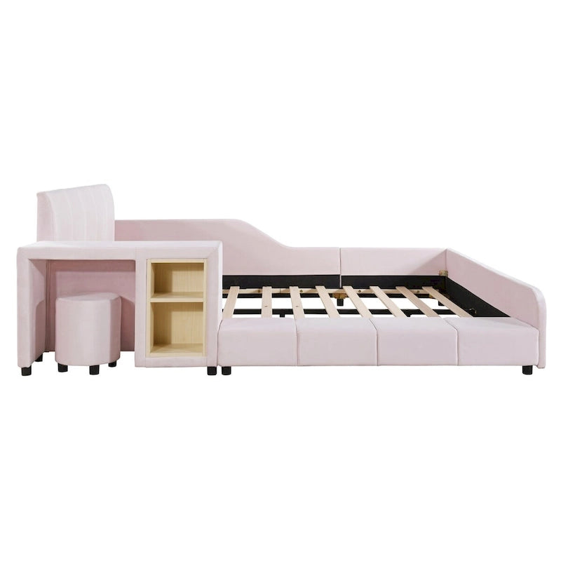 Velvet Platform Bed with Desk & Stool, 2-Person
