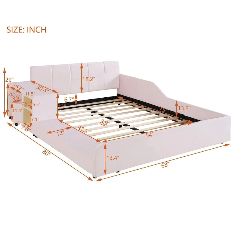 Velvet Platform Bed with Desk & Stool, 2-Person