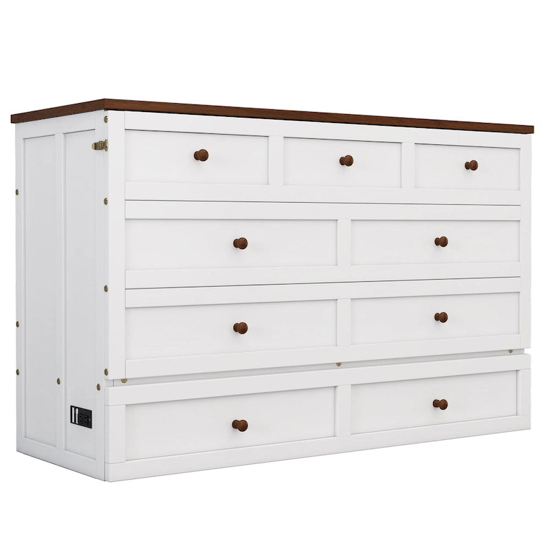Natural Pine Murphy Bed Chest with Storage Drawer & Charging Station – Queen/Full, Sleeps 1