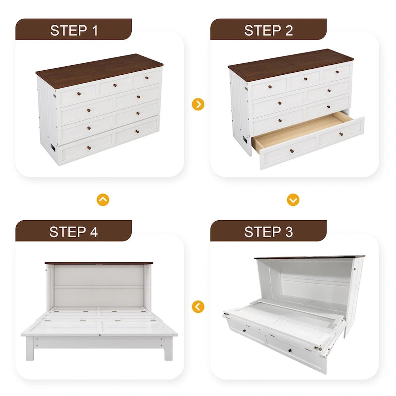 Natural Pine Murphy Bed Chest with Storage Drawer & Charging Station – Queen/Full, Sleeps 1