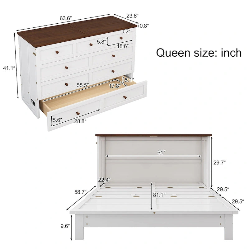 Natural Pine Murphy Bed Chest with Storage Drawer & Charging Station – Queen/Full, Sleeps 1