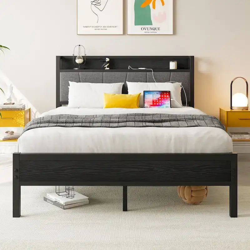 Black Full Size Bed Frame with Storage Headboard & Charging Station, 1-Person